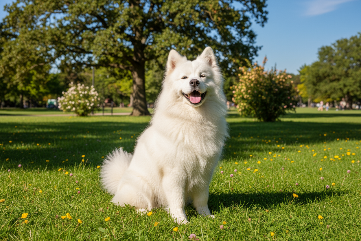 white fluffy dog in the park on a sunny day smiling